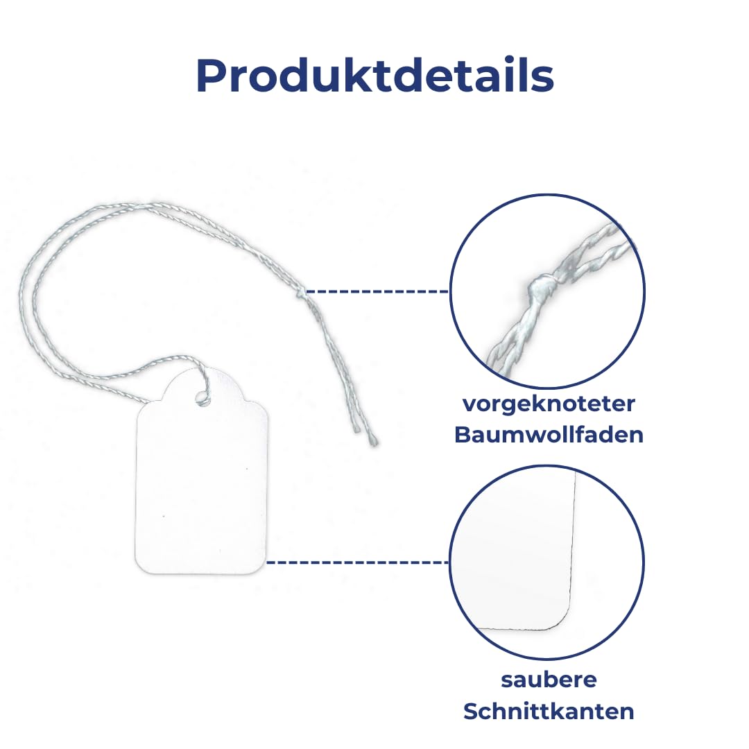 POKORNYS - 1.000 blanko Preisetiketten mit Faden (25 x 39 mm) weiß I Etiketten zum Beschriften I Preisschilder aus Karton mit Baumwollfaden I Anhänger, Hängeetikett, Geschenkanhänger für Kleidung uvm.