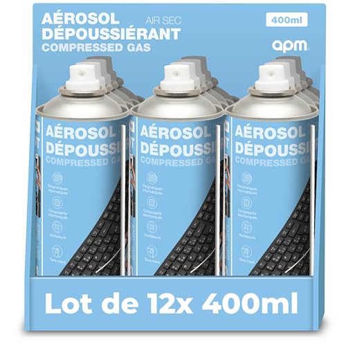 APM Lot 12 Bombes Air Sec 400ml, Aérosol Dépoussiérant Matériel Informatique, Spray Nettoyage Air Comprimé pour PC Clavier Mobile Appareil Photo et Composants électroniques, Buse de précision, 570051