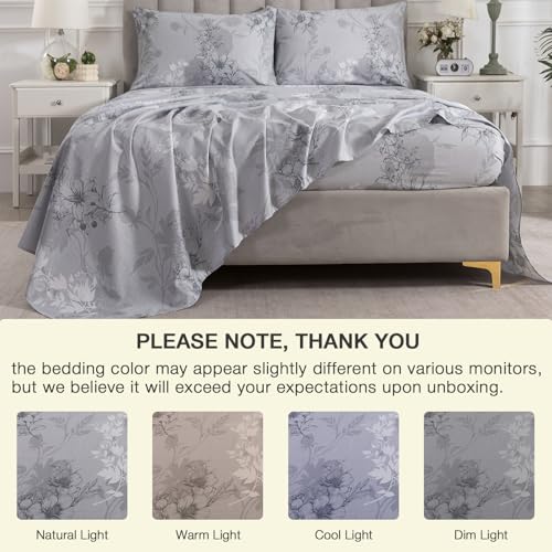 Image of Vintage Floral Bed Sheets Gray Percale King Size Deep Pocket 4Pcs | 100% Cotton Dark Flower Farmhouse Sheet Set, Soft Crisp Shabby Chic Toile Sheets, Cottage Core Bedding, Botanical Pattern