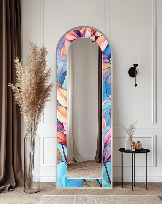 23,5’’W x 67’’H Color Bloom Aura – Floral Floor Mirror Arched Full Lenght Mirror - Arch Full Body Stained Floor Mirror with Black Frame with Black Frame