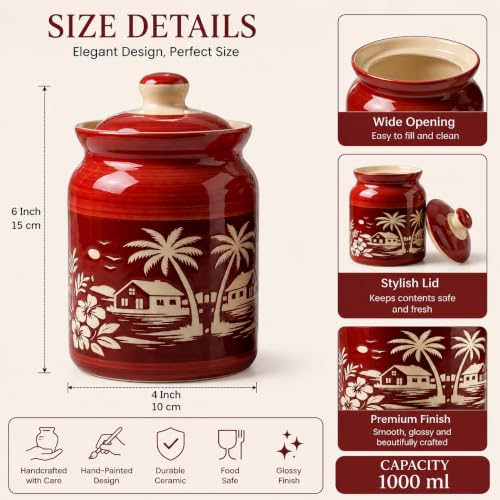 Image of D'Maiolica Pickle Jars in 1000ml (set of 2) | Handpainted Floral Pattern 1 kg Achaar Martban | Ceramic Container Set for Kitchen Storage (Pack of 2) (Heritage Red Oasis)