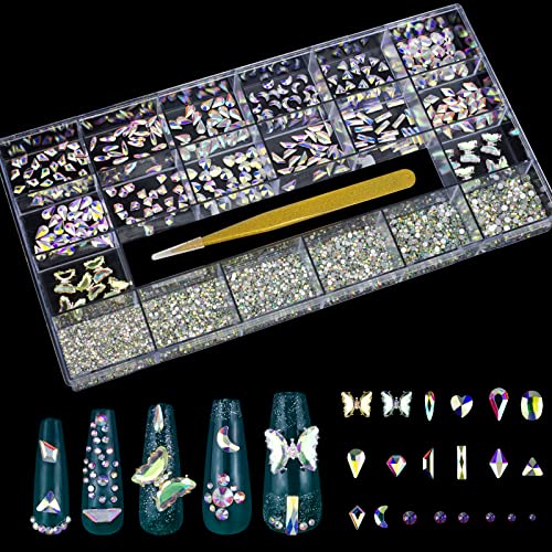 7510Pcs Rhinestones for Nails, Glass AB Crystals Nail Rhinestones Kit, Flat Back Diamonds for Nails Design, Butterfly Nail Charm Nail Gems Nail Jewels with Tweezers Rhinestones Box