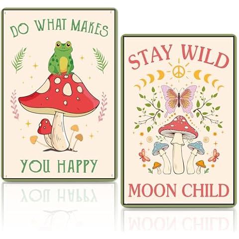 Lineshading 2 Pcs Vintage Metal Tin Sign Frog Mushroom Decor Stay Wild Moon Child Metal Sign Retro Mushroom Signs Wall Decor for Bathroom Hippie Room Home Pastoral Decorations, 12 x 8 Inches Cover