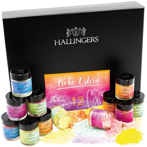 Hallingers - Juego de 12 sales de baño con sales del Mar Muerto (juego), diseño de cesta de Pascua con sales del Mar Muerto, color rosa