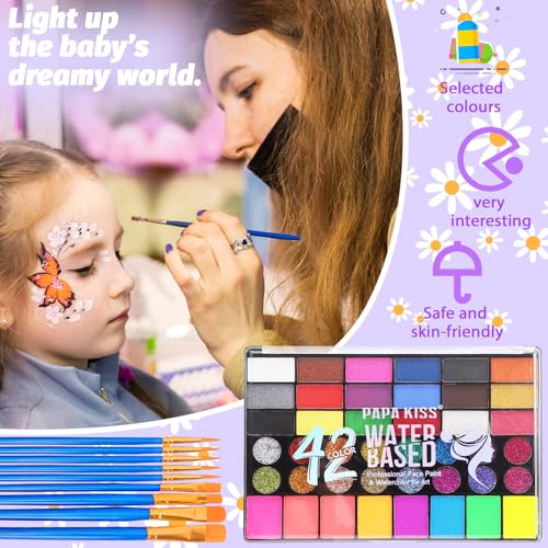 Image of 42 Color Face Painting Kit, Water Activated Face Paint Kit, Safe for Sensitive Skin Easy to Use, With Stencils & Brushes, Facepaint Makeup Kit for Parties, Birthdays, Halloween