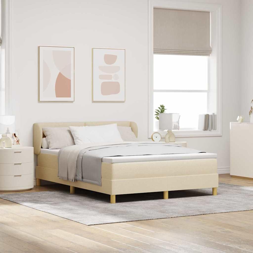 Cama con somier con colchón, color crema, 140 x 190 cm, funda de tela, cabecero ajustable, marco de madera estable, núcleo de muelles ensacados para parejas, dormitorio moderno