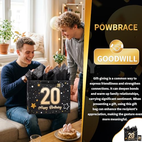 Image of Powbrace 13 inch Black 20th Birthday Gift Bag with Tissue Paper and Greeting Card for Party,Happy Birthday Gift Bag for Men Women,Gift Bags Medium size(1 Black 20th)