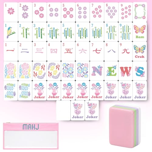 Arrowbash 160 Pcs Mini Mahjong Tiles Set 1 Inch Tiles Pink Flowers American Mahjjong Game with Mahjong Bags Mah Jong Block Set for Mahjongs Lovers