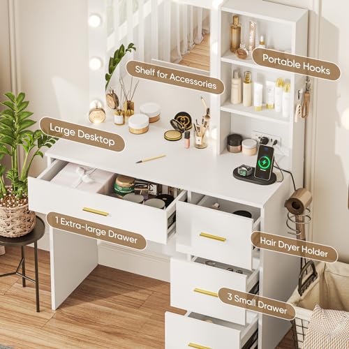 White LED Lighted Vanity Desk with 4 Drawers & Power Outlet, 3 Color Modes, Adjustable Brightness - 37 W