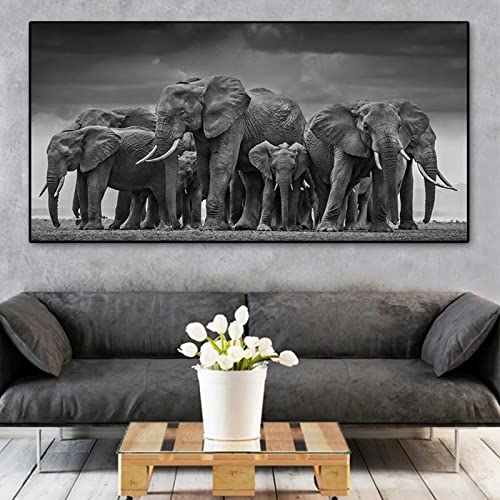 HUUDNHYK Tableau Afrique Éléphant - Noir et Blanc de la Famille des Éléphants - Décoration Murale sur Toile 160x80cm (64x32in) Sans Cadre