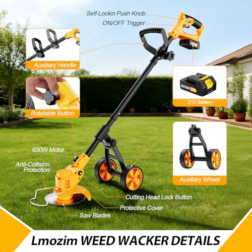 Image of Electric Weed Wacker Cordless, Electric String Trimmer with 3 Types Blades & Removable Auxiliary Wheels, Brush Cutter & Grass Trimmer & Lawn Edger with for Garden Yard (YellowB)