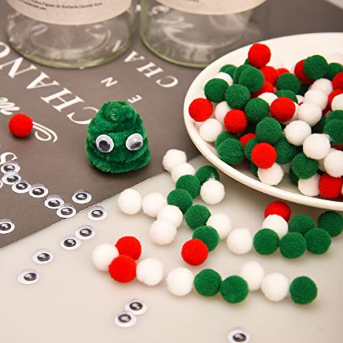 XNHIU Lot de 750 cure-pipes de Noël - 150 pièces - Rouge, vert, blanc - En chenille - 300 pièces - Yeux mobiles - 300 pompons - Pour loisirs créatifs (rouge, vert, blanc) - Image 3