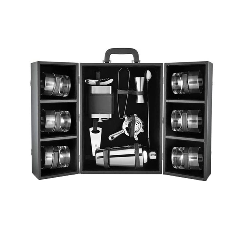 FNS Cheers 14 Pcs Bar Set - Complete Cocktail Set with 6 Whisky Glasses, Cocktail Shaker, Hip Flask, Waiter Knife, Dual Peg Jigger, Strainer, Stirrer, Bottle Opener, Tong - Premium Leatherette Box