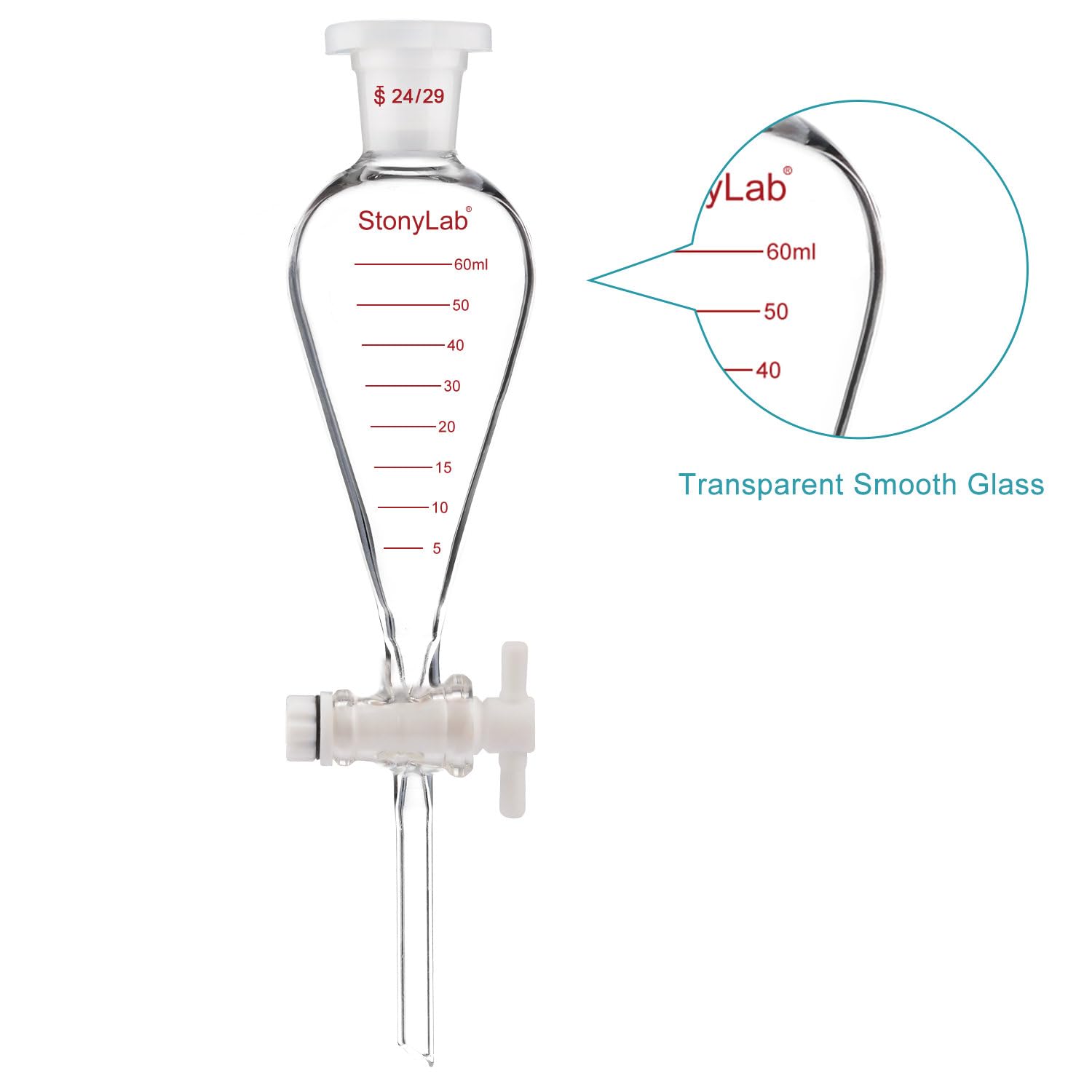 stonylab Entonnoir de Séparation Gradué, Forme de Poire Conique à Paroi Épaisse en Verre Borosilicaté, Robinet en PTFE et Bouchon Supérieur en Plastique, 60 ml