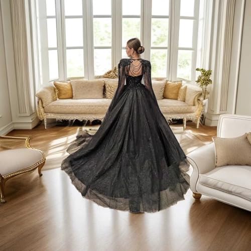 TRHTX Black Wedding Dresses for Bride Sweetheart Tulle Bridal Gowns with Cape A-Line Beaded Wedding Gowns3