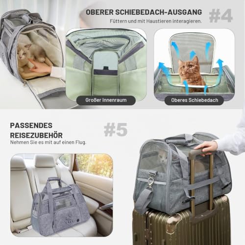 PETCUTE Hundetransportbox,Atmungsaktive Katzen Tragetasche Katze transportbox Tragetaschen mit Weicher Matratze, Stoff Oxford Haustiertragetasche mit Schultergurt,Airline Zugelassen Grau