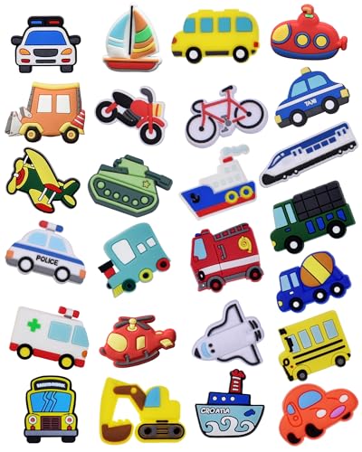 SAFITOYA Breloques de Chaussures pour Véhicules, Ensemble de 25 Pièces, Accessoires Décoratifs en PVC sur le Thème du Transport, Breloques de Chaussures avec Design de Voiture, Avion, Train et Bateau