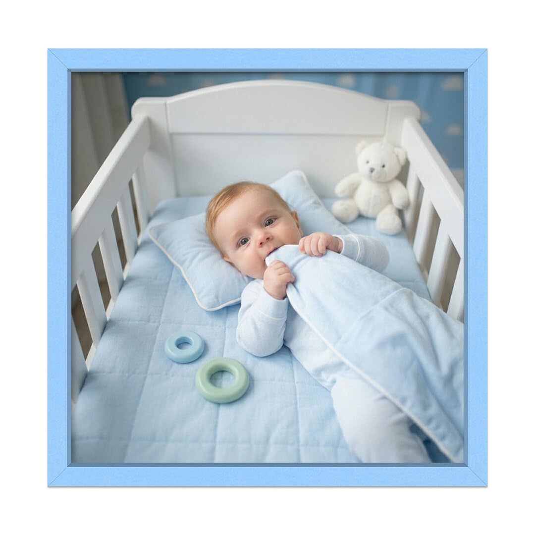 Alison Kingsgate Baby Blue 25X25 Nursery Picture Frames, Baby Boy Gift Photo Frame, Wall Mount or Tabletop, Perspex Front, Thin Keepsake Frame for Newborn, Baby Shower & First Memories