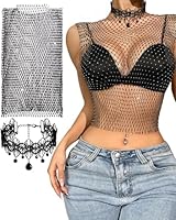 SCJJZ Sexy transparentes Mesh langärmeliges Top mit transparentem Paillettenhemd und einteiligem Hemd,Spitzenhalskette,Strass Glänzendes Mesh Körper Kette Tops,für Nachtclub Party Festival