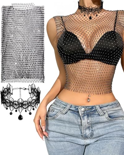 SCJJZ Sexy transparentes Mesh langärmeliges Top mit transparentem Paillettenhemd und einteiligem Hemd,Spitzenhalskette,Strass Glänzendes Mesh Körper Kette Tops,für Nachtclub Party Festival
