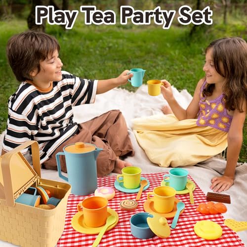 HERSITY Picknickkorb Kinder Teeservice Spielküche, Picknick Kinder Set mit Decke, Tee Set mit Dessert Spielzeug Outdoor, Geschenk für Jungen Mädchen 3 4 5 Jahre