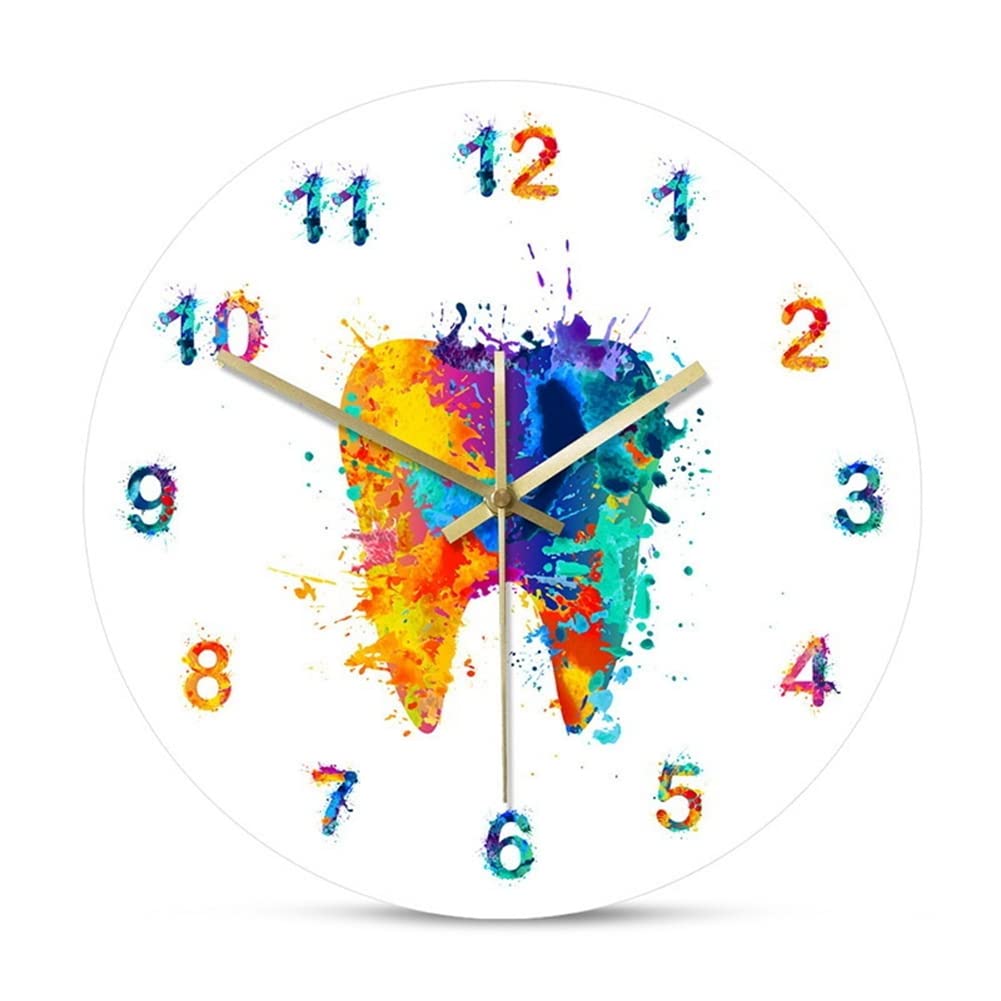 Akazi Watercolour Tooth Painting Print Wall Clock Dental Clinic Wall Art Non Ticking Wall Watch Orthodontist Dentist