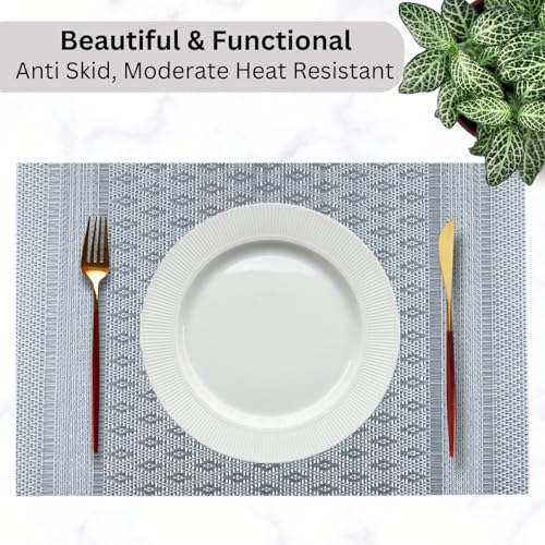 Image of Livmodern Premium PVC Dining Table Mats for 6 Seater| Woven PVC Placemats | Heat Resistant & Anti Skid Table Mats| Wipeable & Washable Set of 6-Grey Weave