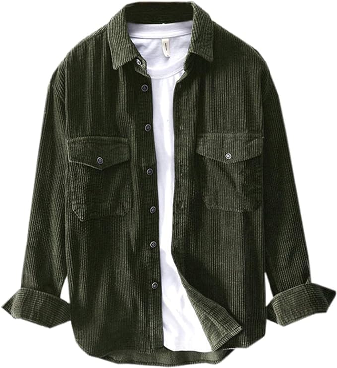 Chemise rétro en velours côtelé vert militaire taille S QZH.DUAO