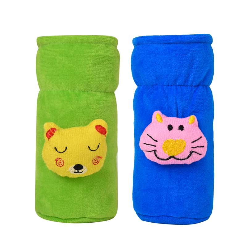 Image of Soft Plush Stretchable Baby Feeding Bottle Cover Easy to Hold Strap with Cute Animated Cartoon| Suitable for 60-125 Ml Feeding Bottle (Green-Light Blue)