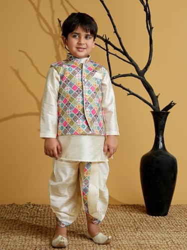 Image of AJ DEZINES Kids Silk Blend Full Sleeve Embroidered Dhoti Kurta Set for Boys - Ethnic wear | Traditional & Festival Wear|Waistcoat for boys - Regular Fit