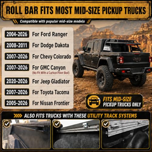 Image of MONOKING Mid Size Roll Bar with Detachable Cargo Basket 3rd Brake Light, for Tonneau Cover for 2007-2026 Tacoma Gladiator Colorado Ranger Canyon Frontier Dakota, Rugged Carbon Steel