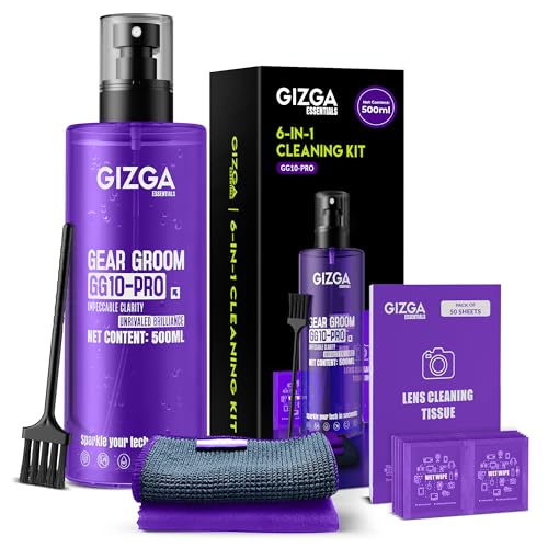 Image of Gizga Pro Series 6-in-1 Cleaning KIT - 500ml Cleaning Spray, 50-Lens Tissues, Soft Brush, 10 Wet Wipes, Microfiber Cloths | for Screen Laptop PC Binocular TV Camera Lens Smartphone Tablet Keyboard