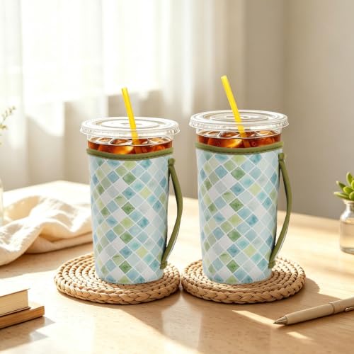 Image of KJQJLY 3 Reusable Iced Coffee Sleeves for Iced Coffee Cups or Drinks Reusable Neoprene Insulated Sleeves for Hot and Cold Drinks from Starbucks, Dunkin, And More (Green Lattice)