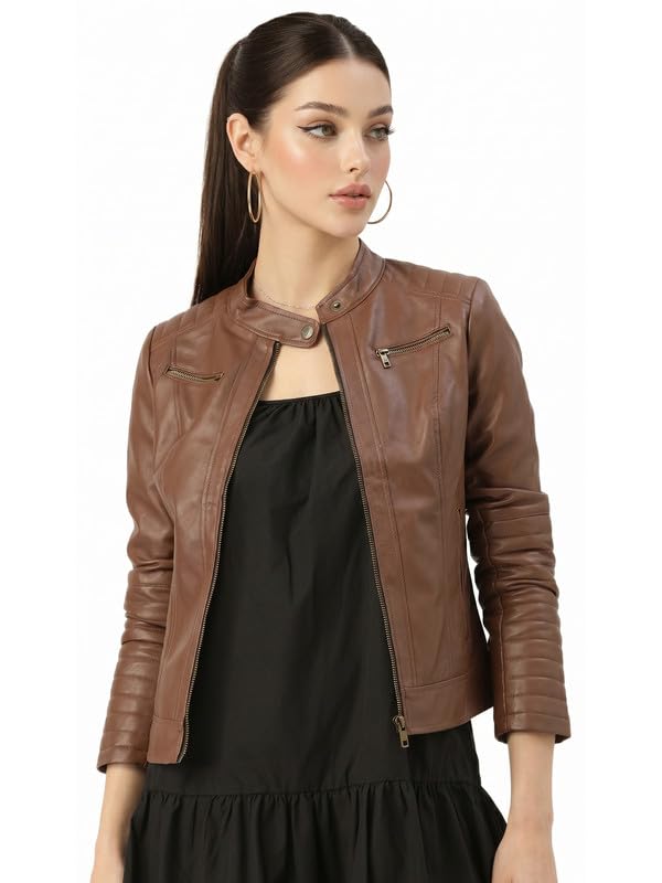 leather retail Women's Tan Brown Faux Leather Motorcycle Jacket-picture-18