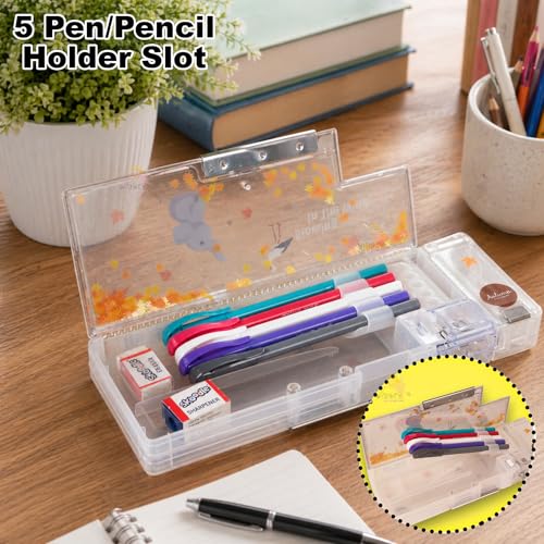 Image of WISHKEY Pencil Box for Kids, Cartoon Themed Pencil Box with Dual in-Built Sharpener, Spacious Stationery Case for School Students, Dual Compartment Box with Magnetic Lock (Pack of 1, Assorted)