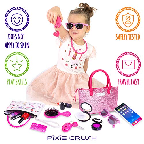 PixieCrush Deluxe Pink Sparkle Pretend Play Kid Purse Set for Girls with Handbag, Pretend Smart Phone, Keys with Remote, Pretend Makeup, Lipstick – Interactive & Educational Toy
