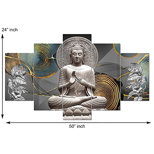 Image of Clasiko Set Of 5 Pcs 3D Wall Painting With Frame; 24x50 Inches; Silver Budhha With Leaves