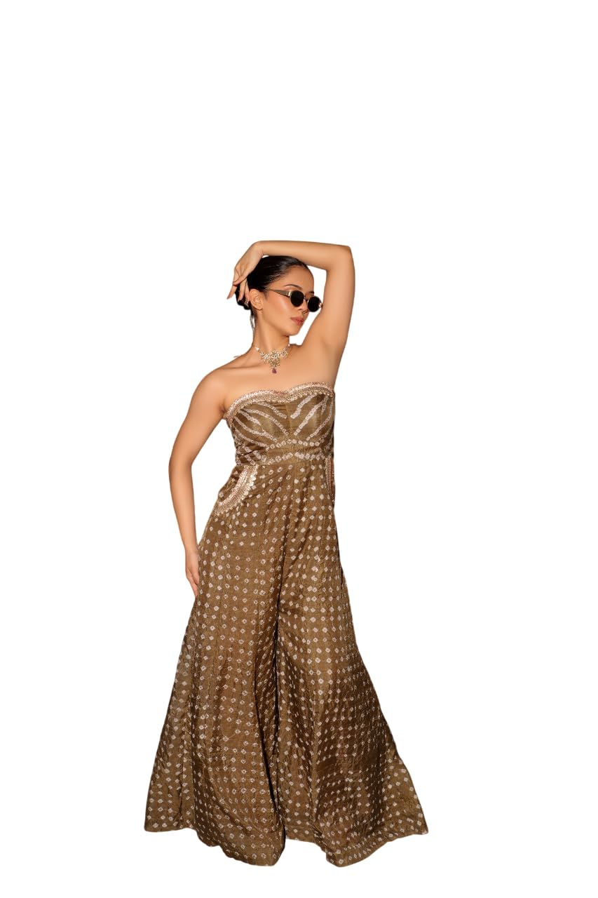 Zayra Olive Green Silk Jumpsuit | Jaipuri Tie Dye Design | Indo Western Women’s Ensemble for Celebration Events-image-2