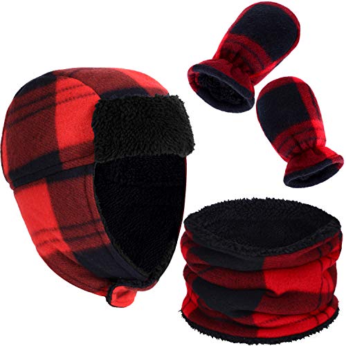 Baby Boys Buffalo Plaid Hat Fleece Lined Ear Flaps Hat Scarf Gloves, 2-4 Years (Red Plaid)
