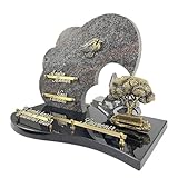 Plaque funéraire moderne en granit brun/gris nuancé 30 x 40 cm sur base granit noir avec village en granit, arbre et oiseau en bronze