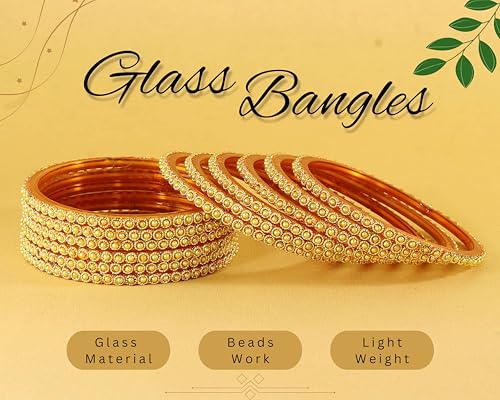 Image of NMII Glass Golden Beads & Pearls Moti Work Designer Bangles Set For Women & Girls | Kanch ki Chudi Set | Girl's Bangles Bracelet | Glass Bangles | Daily, Wedding, Party, Fashion Jewellery- Set of 12