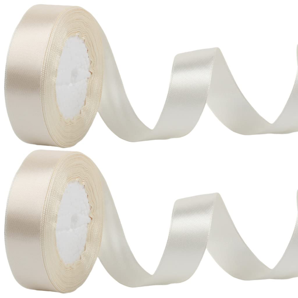 2 x 25mm Wide Ivory Ribbon Thick Cream Wedding Car Ribbon 22m, 1 inch Thick Off White Satin Ribbon for Gift Wrapping Wedding Christmas Birthday Cake Hair Bow Florist Bouquet Crafts Decorations