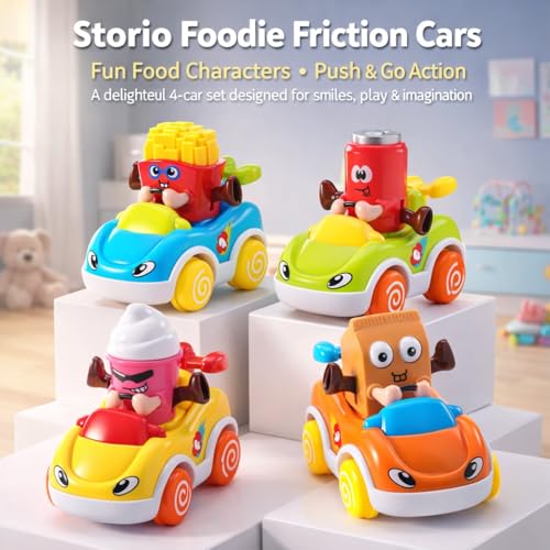 Image of Storio Pack of 4 Foodie Toy Cars | Friction Powered Push and Go Vehicles | Educational Baby Cars for 1-3 Years | Cartoon Themed Mr Chips, Mr Milk, Mr Coca, Mr Icecream