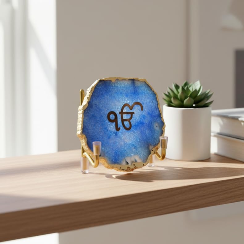 Image of Ik Onkar Metal Holder with Blue Agate, Festive Home Decor Showpiece for Temple, Meditation and Prayer Room, Decorative Corporate Gift for Diwali, Housewarming and Spiritual Spaces