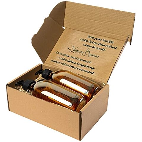 Nomara Organics Lotion & Soap Dispenser set, 2 x 300 ml Glass Bottles. On straw in a box, lockable black pumps &caps. Reusable for Gift/Travel/Container/hadwash/bathroom (AMBER) Cover