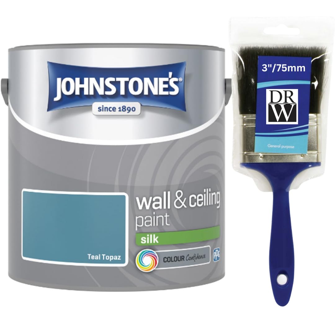 Teal Topaz Johnstone’s Wall & Ceiling Silk Paint 2.5L + 3" Fence Paint Brush – Smooth Silk Finish, Excellent Coverage, Quick Dry, Low Odour Interior Paint for Walls & Ceilings