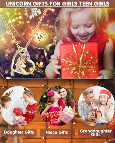 Unicorn Gifts for Girls, Colorful CZ Heart Unicorn Necklaces Initial Necklace Birthday Christmas Gift for Girls Teens2