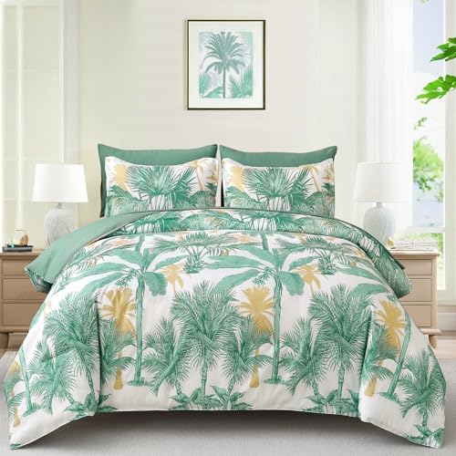 WONGS BEDDING Comforter Set King Size, 7 Pieces Aqua Botanical Bed in a Bag, Soft Microfiber Tropical Palm Tree Bedding Set with King Comforter, Flat Sheet, Fitted Sheet, Pillow Shams, Pillowcases