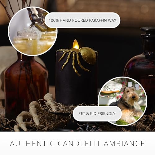 Image of Luminara Spider Flameless LED Candle, Black & Gold 3 inch x 4.5 inch, Moving Flame Pillar, Battery Operated Timer Real Wax Halloween Gothic Home Decor