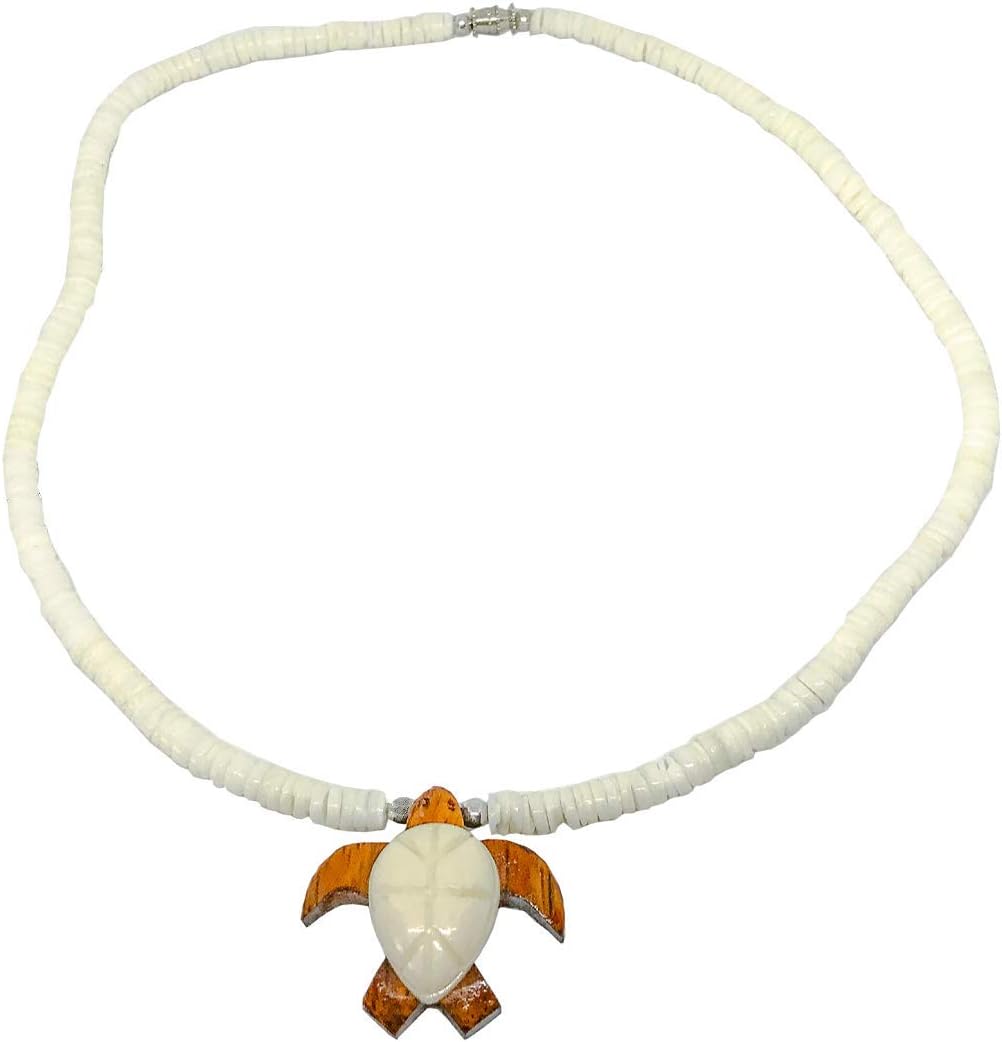 Hawaiian Jewelry Koa Wood and Buffalo Bone Honu Sea Turtle Puka Shell Necklace
